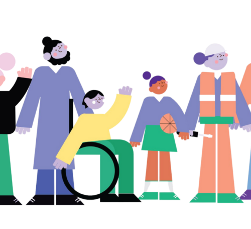 Eleven diverse graphic characters in a group. All look happy and are depicted in bright, soft colours.