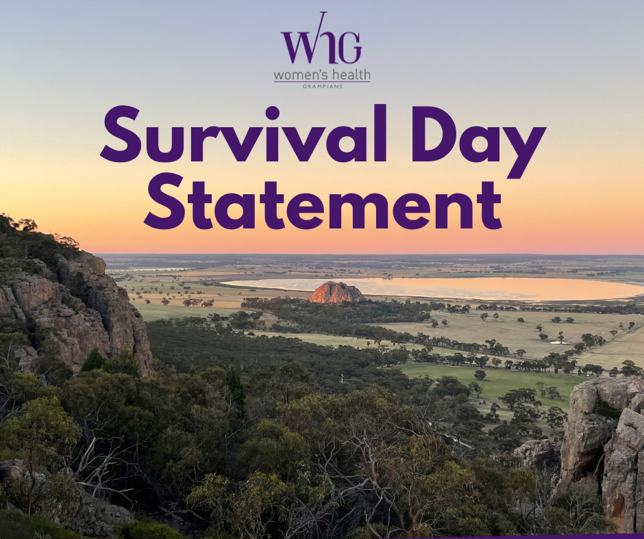 View from high up in Gariwerd from dawn, looking far out to the horiszon. Text reads: women's health grampians survival day statement